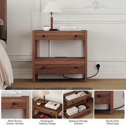 Nightstand with Charging Station, Wood Storage End Table with 2 Drawers & Open Shelf, Modern Bedside Table with USB & Type-C Ports for Bedroom, Living