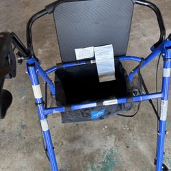 Walker with Seat and Wheels - Adjustment Knob, Folding Storage, Steel, 300 lbs Weight Capacity -