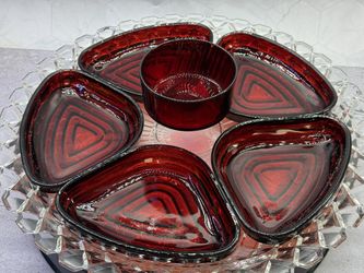 (7) Piece Vintage Anchor Hocking "Manhattan"  serving set featuring ruby red glass on a clear glass platter. Produced approximately between 1938 and 1