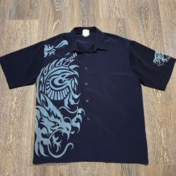 VTG Y2K JNCO Jeans Tribal Dragon Button Up Short Sleeve Shirt Mens Size Large-XL