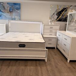 White Washed Wood & Glitter 5 Pc Twin Full Queen Or King 5 Pc Bedroom Furniture Set 