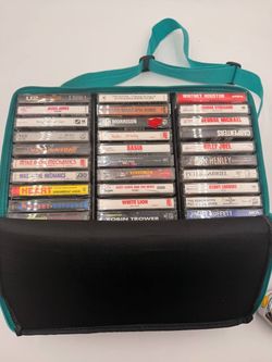 Lot of 60 Vintage Audio Cassette Tapes Rock Pop Classic Hits w/ Storage Carrying Case