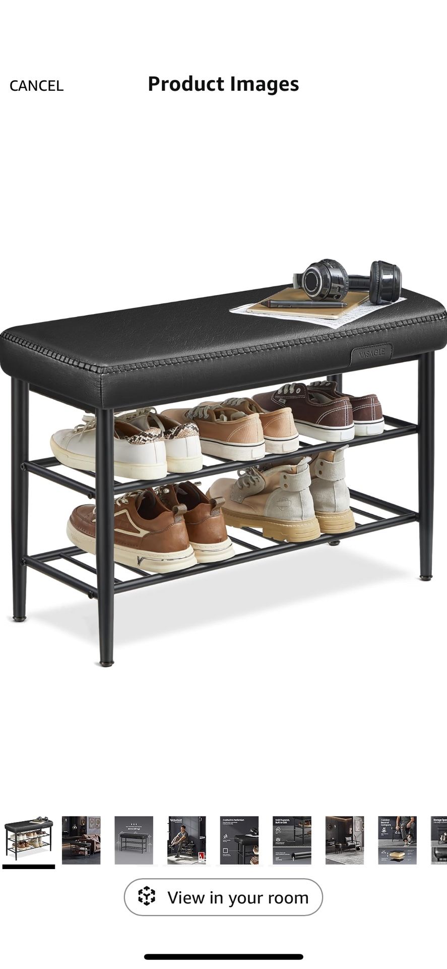 VASAGLE Shoe Rack Bench Storage Bench Leather with Stitching Mid-Century Modern - Black