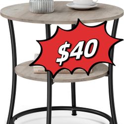 Side Table, Round End Table with 2 Storage Shelves