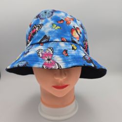 Unbranded Reversible Blue ButterflyPrint/Black Solid BucketHat