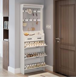 Tall Shoe Cabinet with Hangers - White
