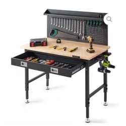 Adjustable Height 28-39.5" Work Bench For Garage Oak Plank & Carbon Steel Heavy Duty Workbench 2000lbs Weight Capacity Bench top Size 48x24" Hardwood 