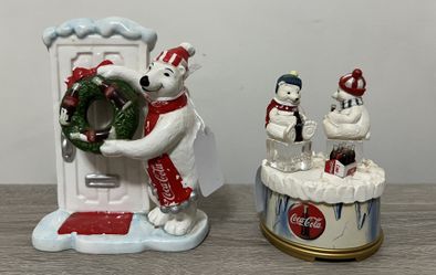 Two Vintage 1997 Red/White Coca Cola Ceramic Polar Bears by Enesco Corp