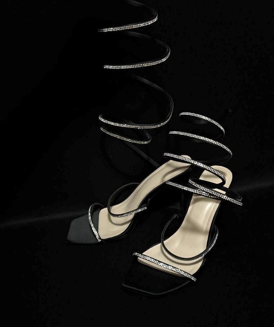 Elegant Black Rhinestone Wrap Heels