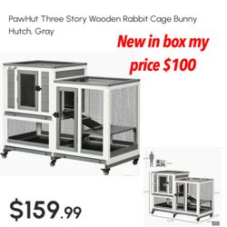 Three Story Wooden Rabbit Cage Bunny Hutch, Gray by PawHut New in box $100 firm pick up east Palmdale