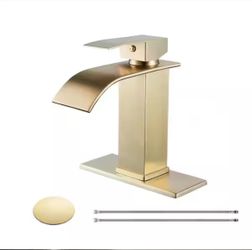 Waterfall Single Handle Single Hole Low-Arc Bathroom Faucet Drip-Free Vanity Sink Faucet with Drain Kit in Brushed Gold