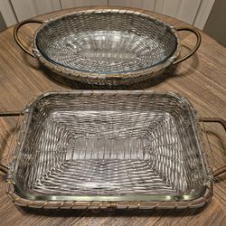 2 Metal / Aluminum / Brass Woven Baskets with Glass Inserts