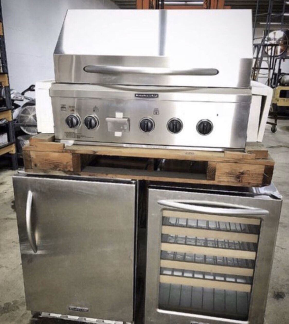 Complete Brand New Stainless Steel Outdoor KitchenAid set. 36" BBQ Grill, Refrigerator, Wine Cooler.