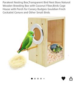 Natural Wood Parakeet Nesting Box Budgie Breeding Box Acrylic Bird Nest for Cage Transparent Panoramic for Parrots, Cockatiels, Lovebirds, Canaries, a