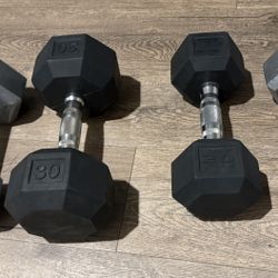 Miss-match (Iron/Iron Rubber Coat) Set Of Cast Iron Dumbbells: 20s & 30s  Total: 100 lbs