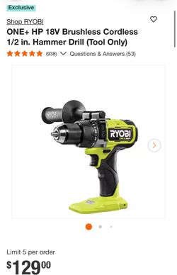 RYOBI ONE+ HP 18V Brushless 1/2” Hammer Drill – Tool Only