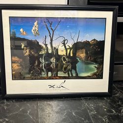  Print of 1937 painting by Salvador Dali of swans reflecting elephants