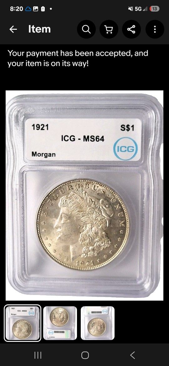 1921 Morgan Silver Dollar Ms64 ICG