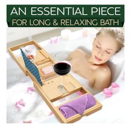  Bamboo Bathtub Tray Caddy- Adjustable Bath organizer