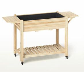 New Natural Wood Rectangular Planter Box with Lockable Wheels, Side Tables & Bottom Shelf