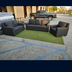 Brand New Solid Wood 3 Pcs Sofa Set 
Black & Blue Flannelette 
Black Faux Leather 
Sofa, Love Seat & Chair
$749 + Tax 
FREE LOCAL DELIVERY & SET UP
OR