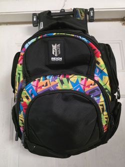 REIGN Total Body Fuel Backpack Black w/ Colorful Graffiti Accents Multi Pocket.