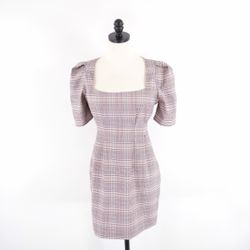 Forever 21 Glen Plaid Dress  Boat Neck Lined Puff Sleeve