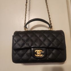 Chanel Black Quilted Caviar Mini Flap Bag with Top Handle Aged Gold Hardware