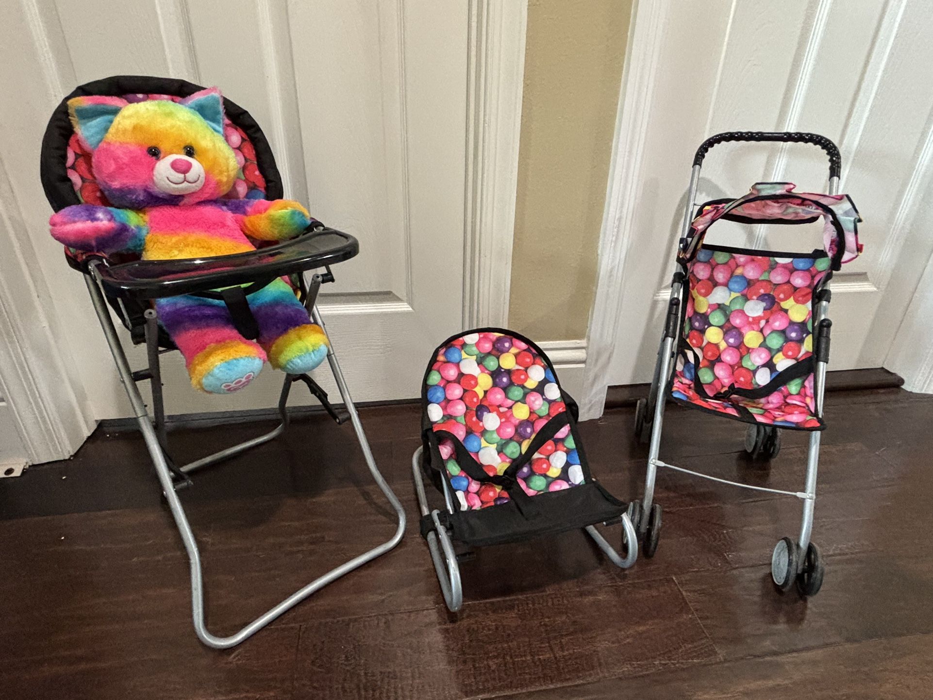 Toy Doll Portable Foldable Stroller Highchair Rocker Bubblegum Set