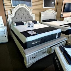 REALYN CHIPPED WHITE QUEEN STORAGE PANEL BED