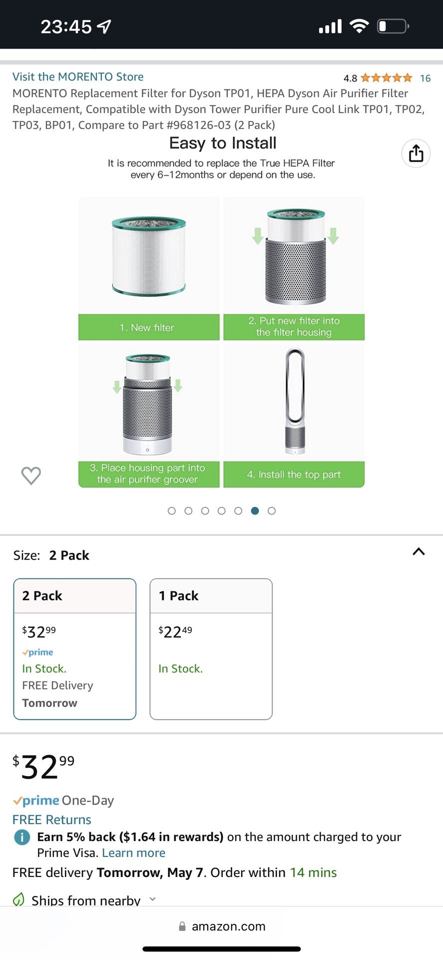 MORENTO Replacement Filter for Dyson TP01, HEPA Dyson Air Purifier Filter Replacement, Compatible with Dyson Tower Purifier Pure Cool Link TP01, TP02,