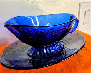 Vintage Avon - Royal Sapphire Cobalt Blue Glass Gravy Boat and Underplate 1970s