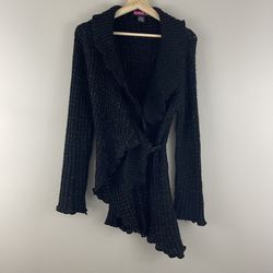 SAY WHAT? Vintage Y2K 2000 Black Crochet Knit Asymmetrical Hem Cardigan Sweater
