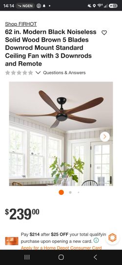 62 in. Modern Black Noiseless Solid Wood Brown 5 Blades Downrod Mount Standard Ceiling Fan with 3 Downrods and Remote