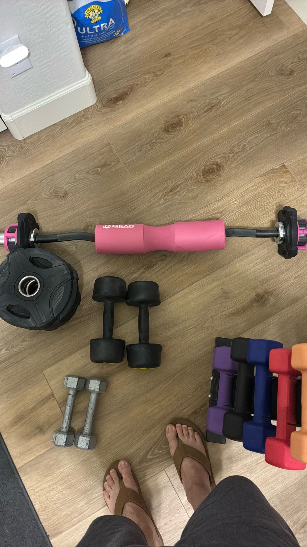 Curl Bar, Weights, and Yoga Step