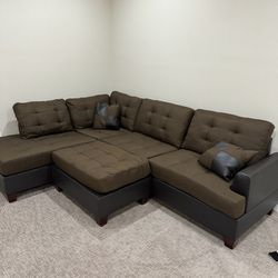 Brand New Brown Linen Sectional Sofa +Ottoman (New In Box) 
