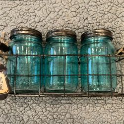 Blue Jars In Metal Tray With Wood Handles