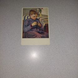 VINTAGE YOUNG WOMAN MENDING BY CAMILLE PISSARRO UNUSED POSTCARD 