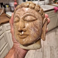 Vintage Buddha Head Sculpture Hand Carved Soapstone Flat Base HEAVY Budda Head Statue Paperweight Gift Namaste Zen Rock sculpture