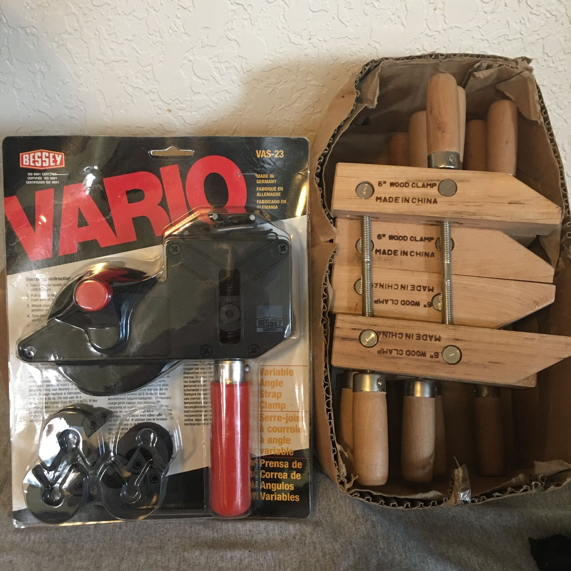 23’ BESSEY VARIO Variable Angle STRAP CLAMP & SIX Wooden 6” HANDSCREW CLAMPS