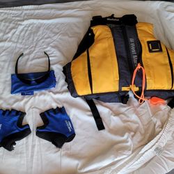 West Marine Kayak Vest, Yak Gloves & Gone Fishing Sun Glasses