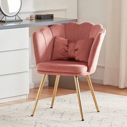 Tbfit Velvet Vanity Chair for Makeup Room, Makeup Chair with Shell Back for Bedroom, Accent Chairs for Living Room with Golden Metal Legs, Pink 