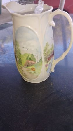 Ceramic Pitcher with Hand-Painted Country Scene