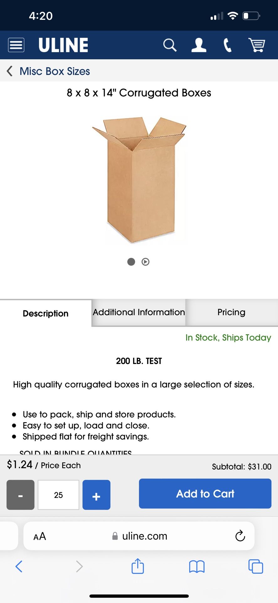 Cardboard Box U-Line 8x8x14 Shipping Box 35pcs $10 for Sale in Pico ...