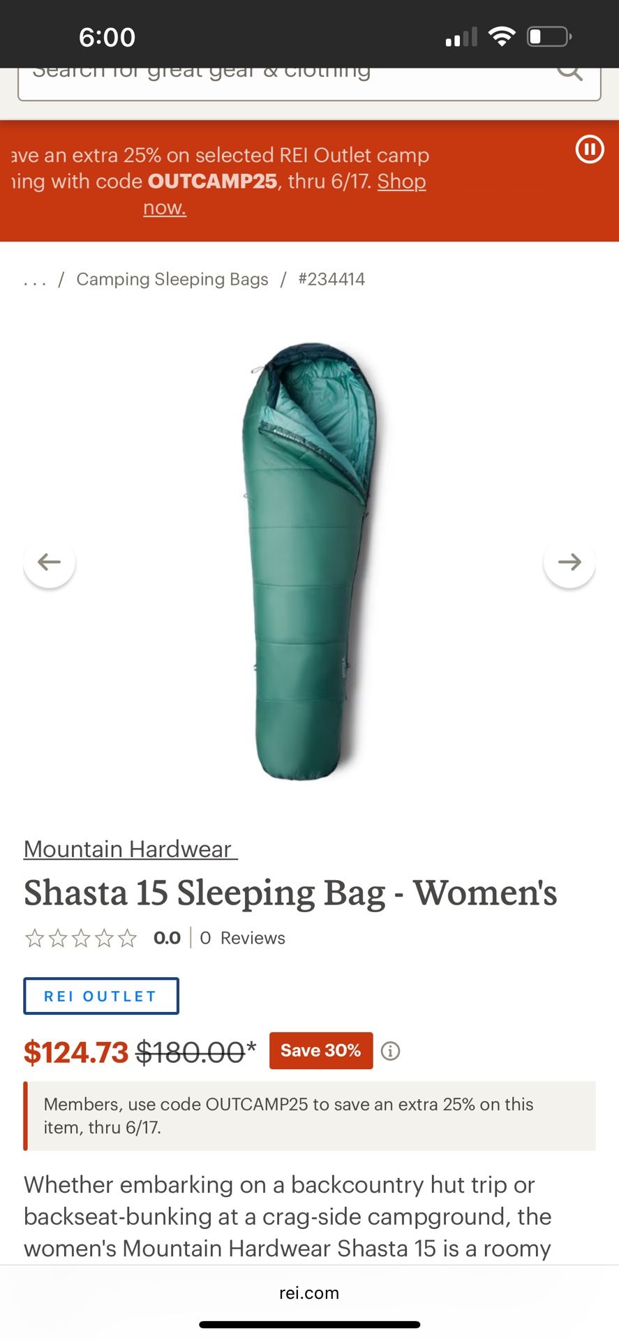 Shasta Women’s sleeping bag, Used Once