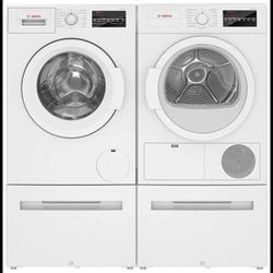 Bosch 300 Series Front Loading Washer and Electric Dryer, Pedestals, White, Used