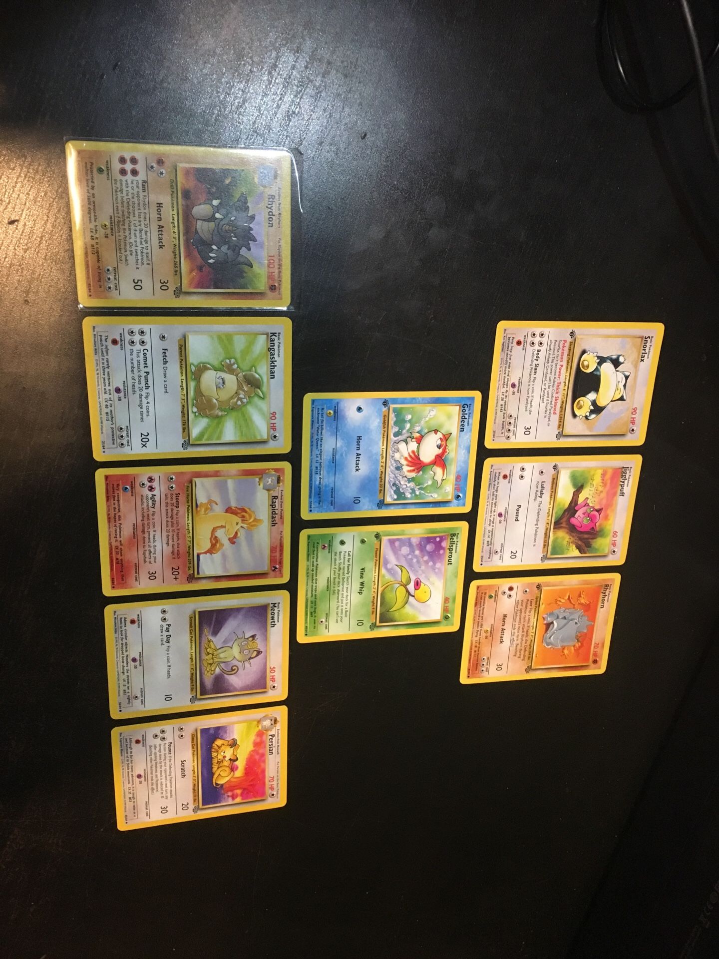 Rare, Collectible Original Pokemon Cards from 1999 - First 1st Edition Snorlax, Jigglypuff, Rhyhorn, Goldeen, and Bellsprout! And Jungle Set Rhydon,