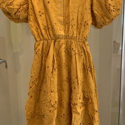 Yellow Gold Lace Close Neckline Puff Sleeve Elastic Waist W/ Lining Eyelet Dress