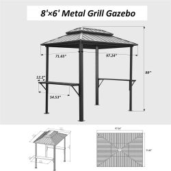 Grill Gazebo 8' × 6', Aluminum BBQ Gazebo Outdoor Metal Frame with Shelves Serving Tables, Permanent Double Roof Hard top Gazebos for Patio Lawn Deck 