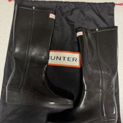 Hunter Arolla Boots Black Tall Rain Boots with Slight Wedge Heel 